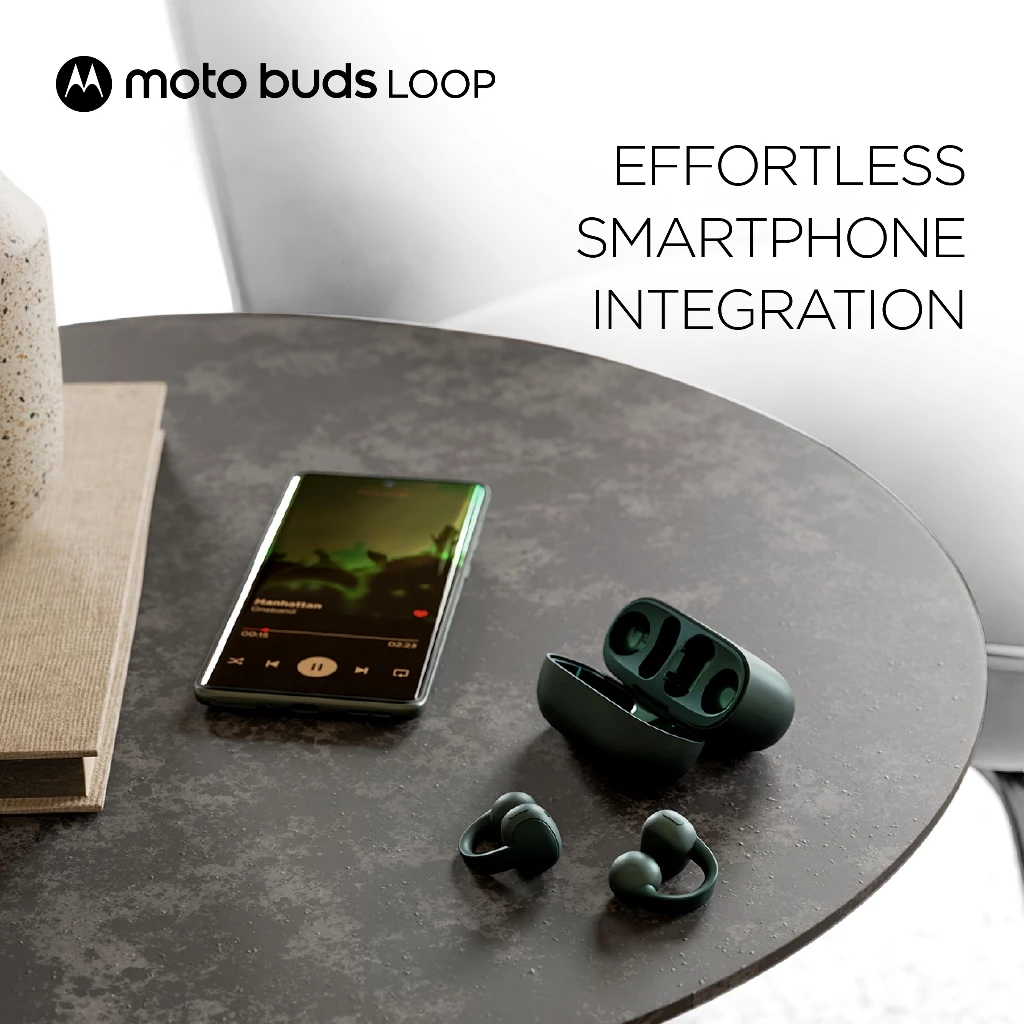 Moto Buds Loop Sound by BOSE - Big Driver 12mm x2 - Dual-Mic x2 + Crystal Talk AI tech - Bluetooth 5.4 - 45 hours Total Battery - Water Repellent - Spatial Audio - Moto AI - EVO - Smart Connect - Gambar 3