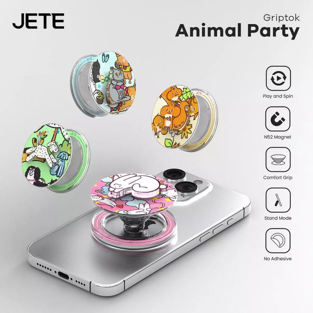 Griptok JETE Socket Pop Animal Party Magnetic Socket Handphone Universal Ring HP Stand Holder 60° Phone Grip Holder Iring Stand For Android For iPhone X XR 11 12 14 15 16 17