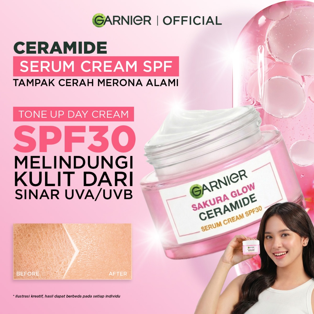 GARNIER Sakura Glow Ceramide Skin Barrier Tone Up Day Cream SPF 30 PA +++ 50 ml Cerah Merona Hydrating Moisturizer Tone Up Glowing Skincare - Krim Siang pelembab wajah pemutih wajah pinkish radiance