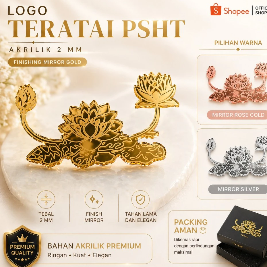 Teratai Logo PSHT Akrilik mirror gold / Dekorasi Mahar Akrilik / Tambahan Tetes Air