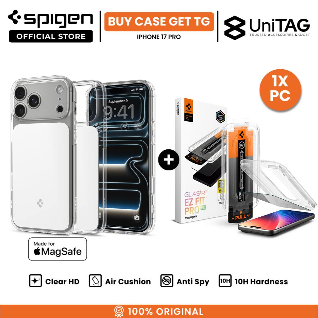 SPIGEN Special Bundling for iPhone 17 Pro Case Ultra Hybrid T MagFit Clear White + Tempered Glass with Tray 1 Pack Glas.tR EZ Fit Pro HD Privacy