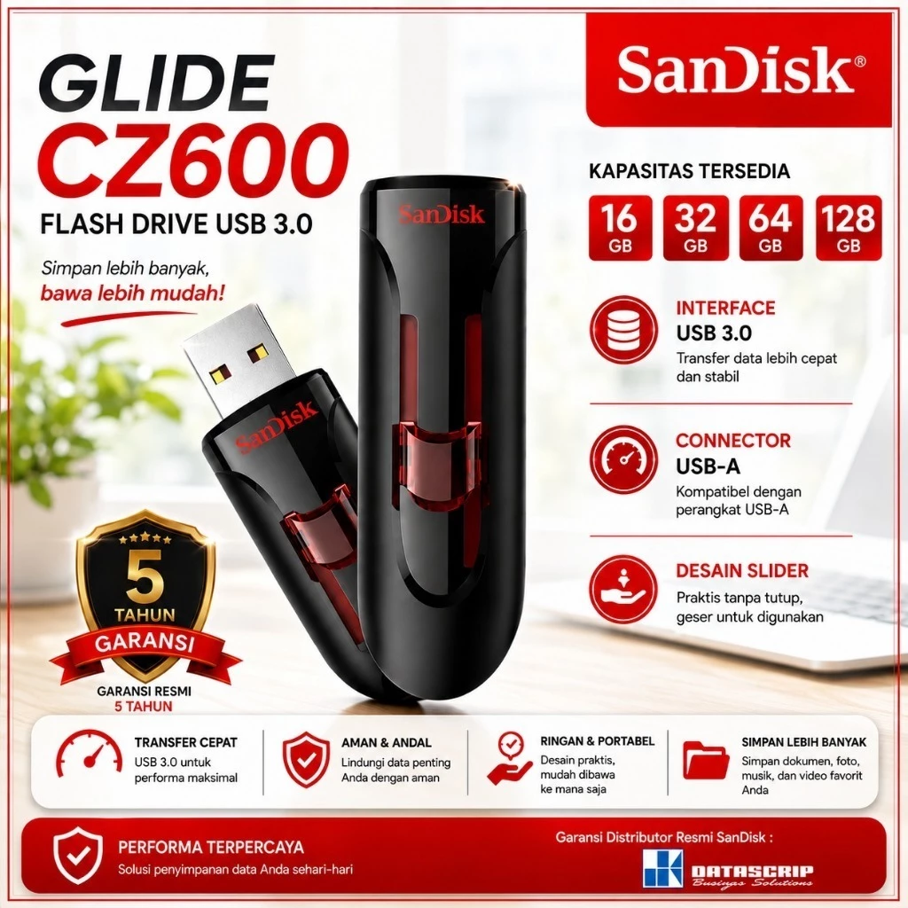 SANDISK CZ600 Cruzer Glide 16GB / 32GB / 64Gb Flashdisk
