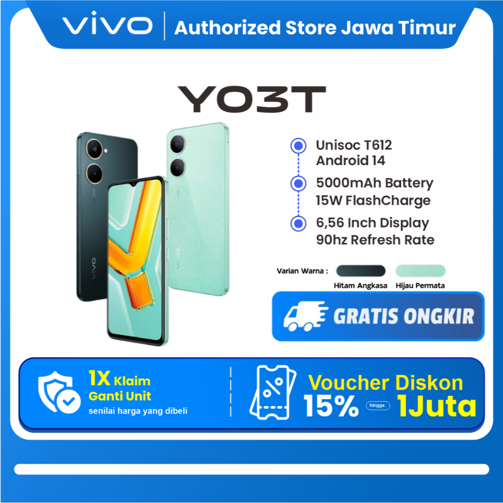 vivo Y03t - IP54 Tahan Air, AI Dual Camera 5000mAh + 15W FlashCharge, Layar Sunlight 90Hz