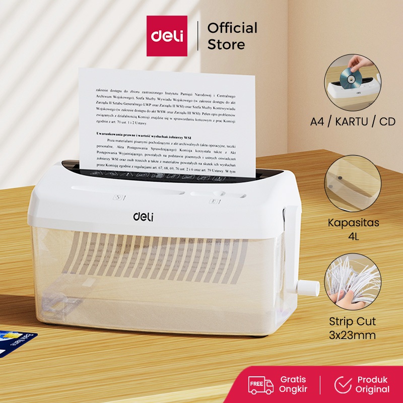 Deli Paper Shredder Penghancur Kertas Kartu CD Manual A4 Kapasitas 1 Lembar Uk 4 Liter Strip Cut Desain Modern ET026