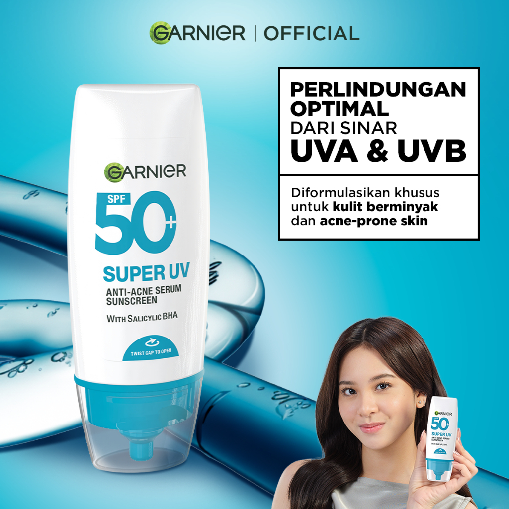 GARNIER Super UV Anti-Acne Serum Sunscreen SPF50+ PA++++ Salicylic Acid Lawan Jerawat BHA 30ml sunscreen spf 50 pa ++++ untuk kulit berminyak, berjerwat, memudarkan bekas jerawat