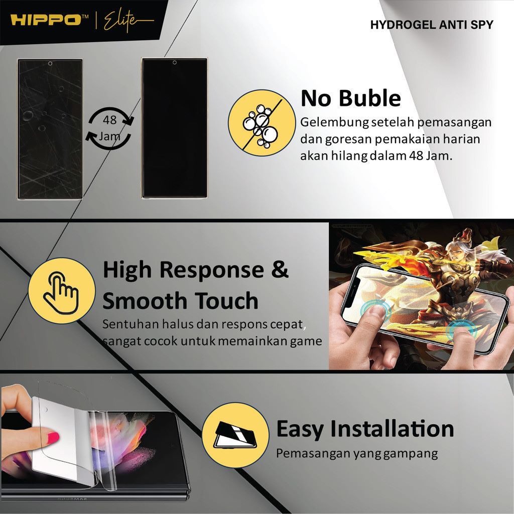 Hippo Elite HYDROGEL Clear / Anti Spy / Matte / Anti UV Blue Light ALL Type Handphone - Anti Gores - Not Tempered Glass - Full Screen - Gambar 4