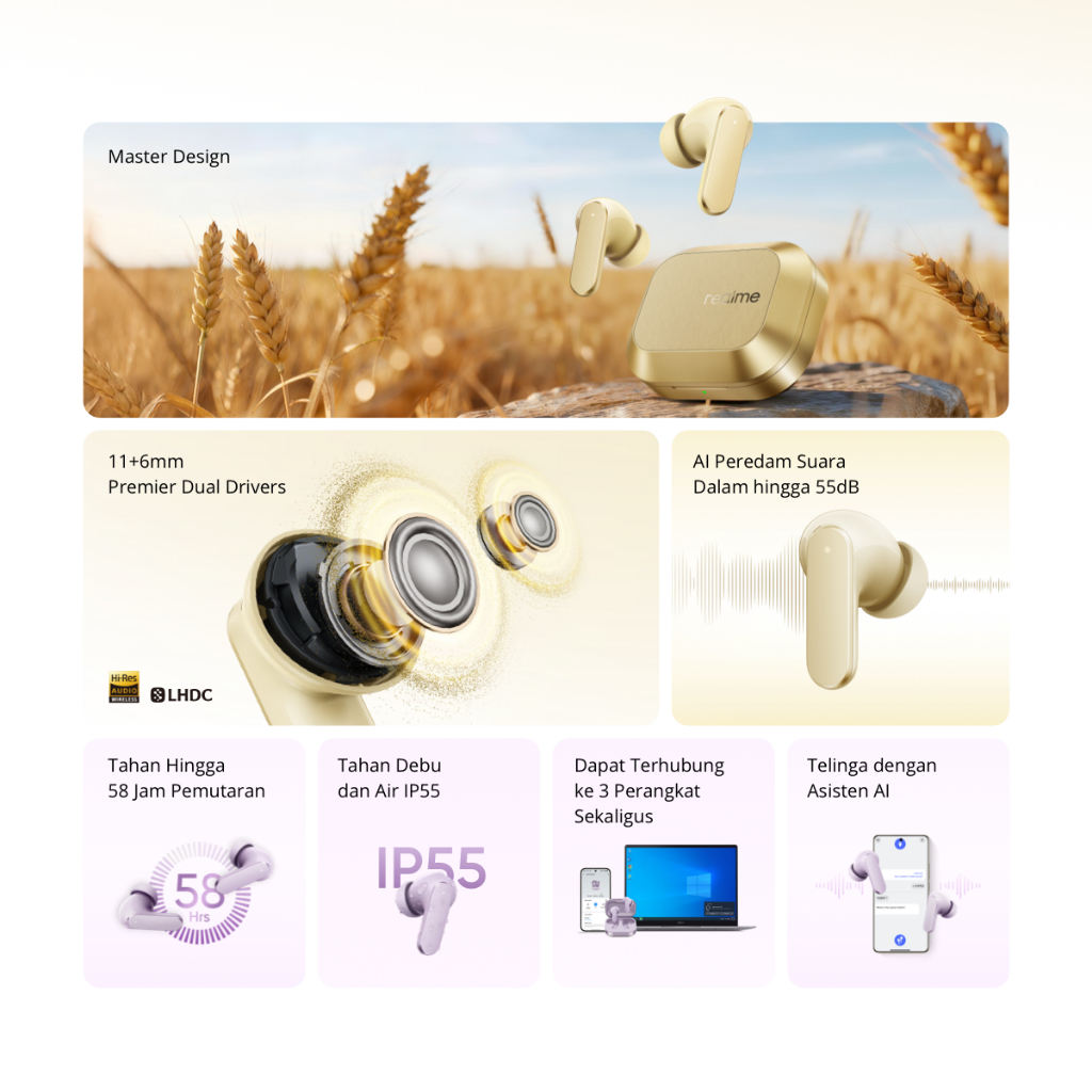 realme Buds Air 8 (11+6mm Dual Drivers | 55dB AI Adaptive Noise Cancellation | Hi-Res Professional Certification & LHDC 5.0 High-Fidelity Transmission) - Gambar 3
