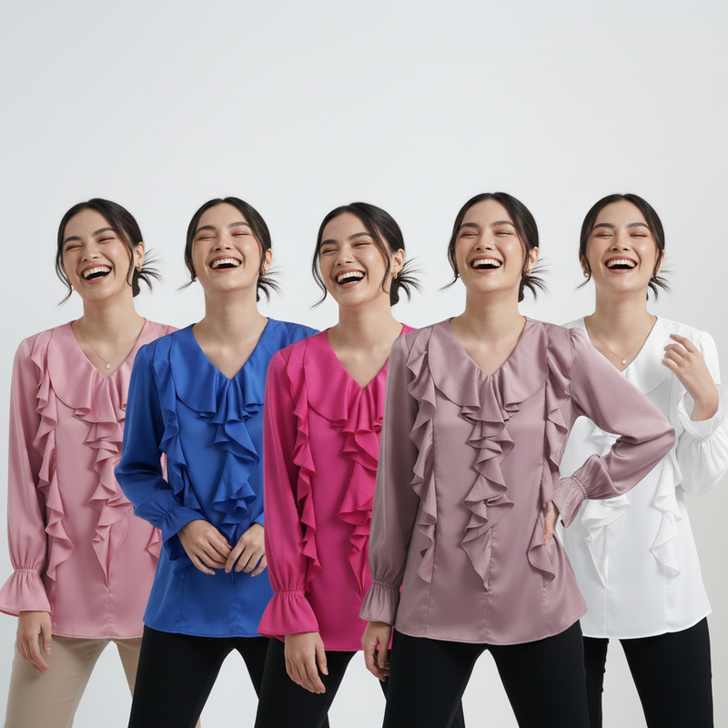 Ellysha Apparel Blouse Ruffle Wanita Casual Atasan Lengan Panjang Silk - Selena Blouse