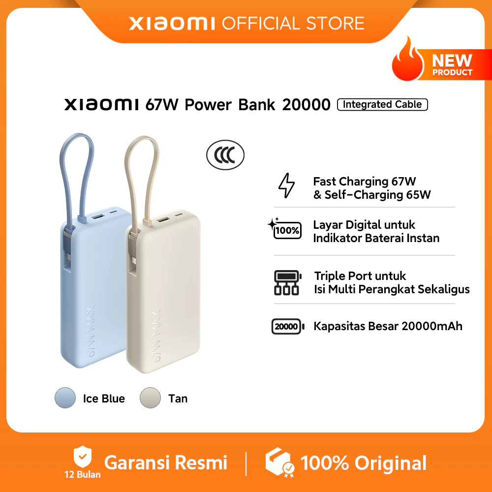 Xiaomi 67W Power Bank 20000mAh (Integrated Cable) / Fast Charging 67W &Self-Charging 65W / Layar Digital untuk Indikator Baterai Instan / Triple Port untuk Isi Multi Perangkat Sekaligus / [Xiaomi Official Store]