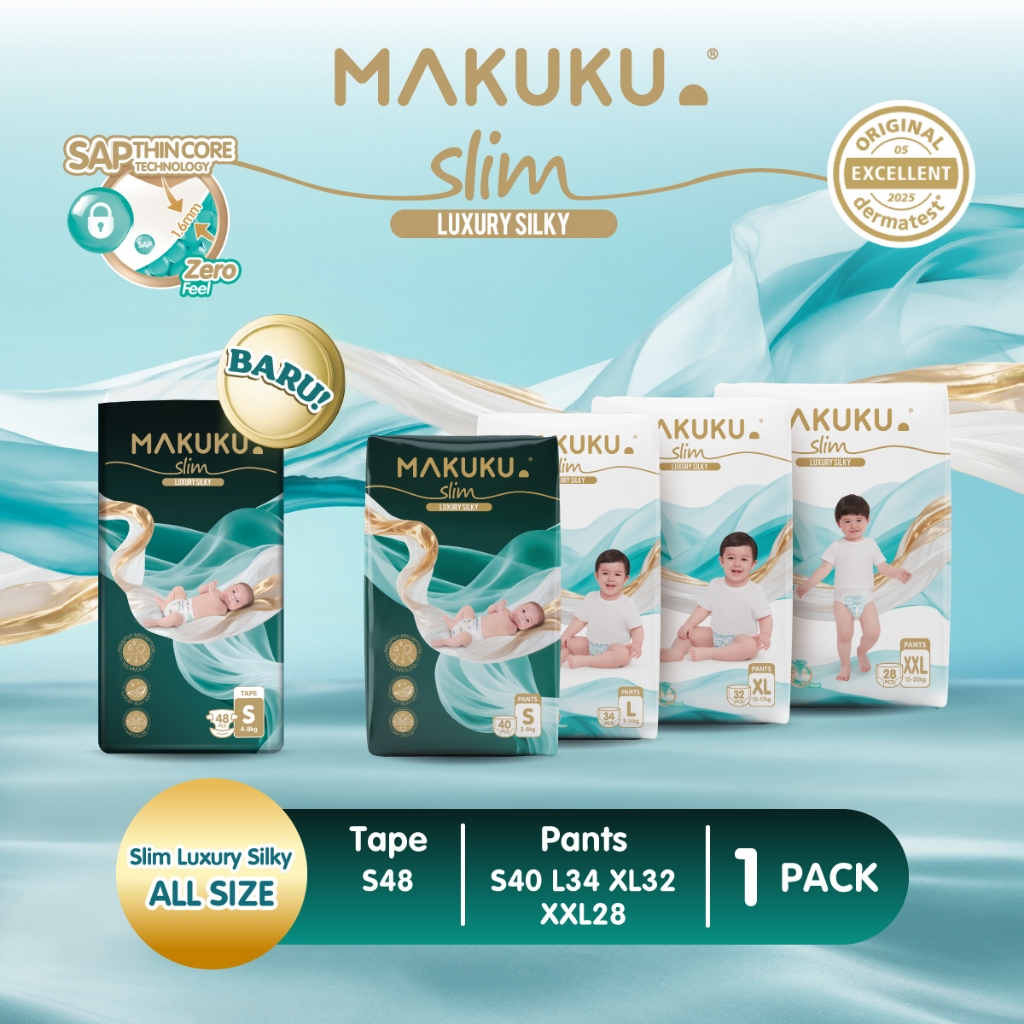 [1 PACK] Makuku Diapers Slim Luxury Silky Pants / Celana Tape / Perekat S48 / S40 / L34 /XL32 / XXL28 Popok Bayi