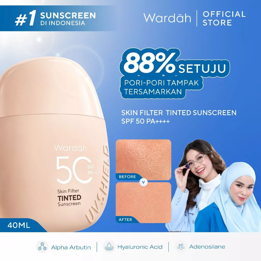 NEW! Wardah Tinted Sunscreen Skin Filter SPF 50 PA 30ml UV Shield - Strong UV Blue Light Protection Sheer Glow Finish Tidak Greasy Formula Ringan Shades 01 Light to Medium Shades 02 Medium to Dark - Skincare - Gambar 3