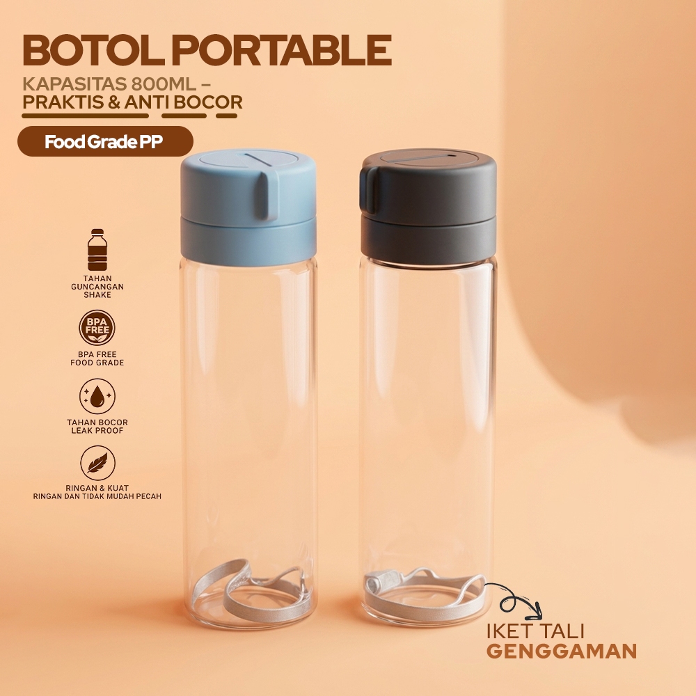 Botol Plastik Transparan - Botol Air Minum 800 ML + Botol Anak Sekolah SD TK SMP Aesthetic BPA Free