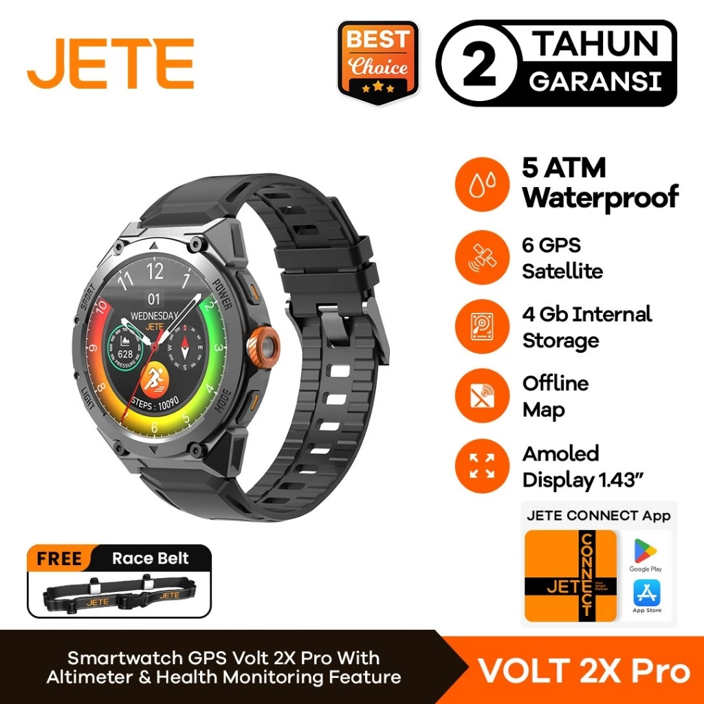 Smartwatch JETE VOLT 2X PRO 1.43 Inch AMOLED Screen Display Jam Tangan AI Running 5 ATM Waterproof Watch 4GB Smart Watch With GPS Sport Flashlight Mode Heart Rate Jam Tangan Pria Wanita (RTL)