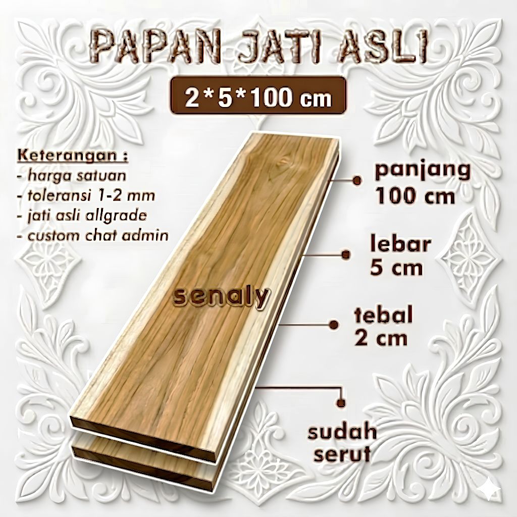 Papan Kayu 1 Meter Jati Asli Ukuran 2x5x100 cm Kondisi Sudah Serut Rapi - senaly -