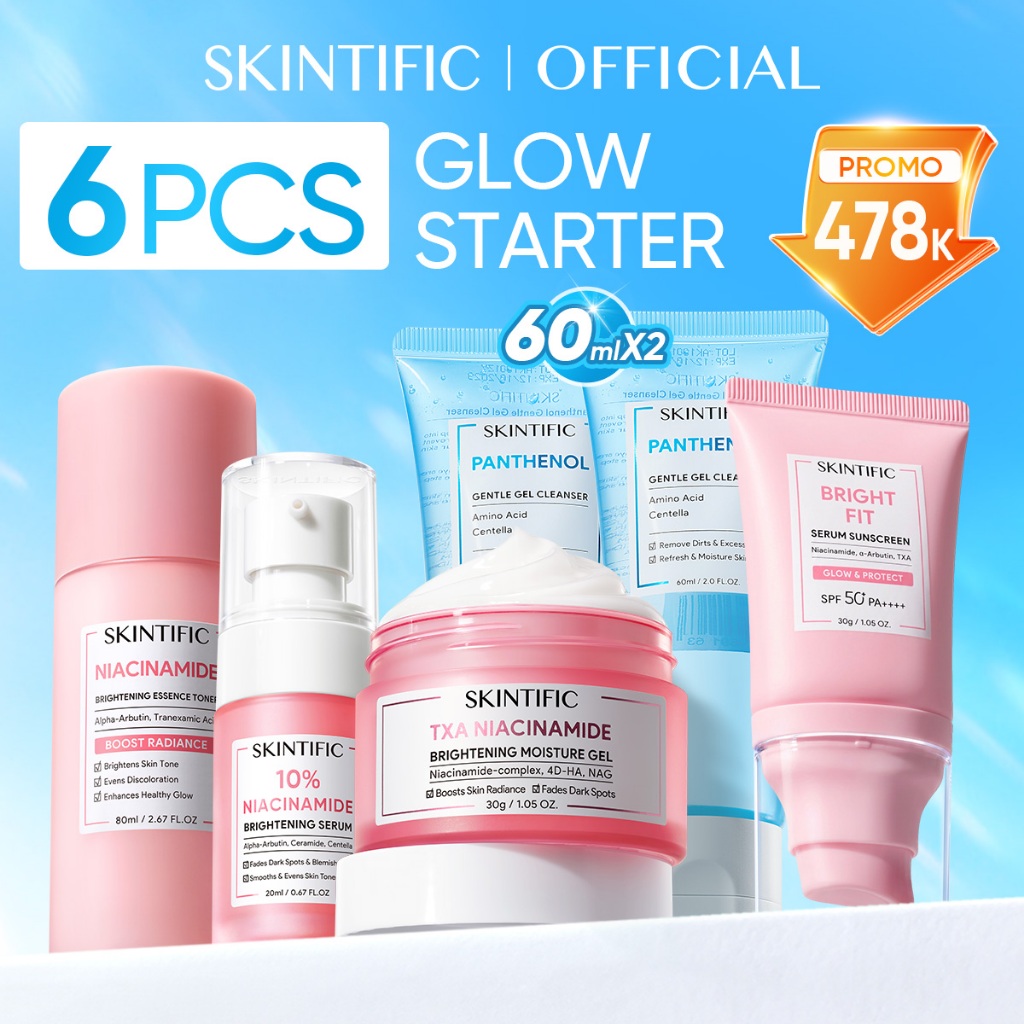 [6PCS] SKINTIFIC Starter Skincare Set – Mini Routine Cleanser + Serum + Toner + Moisturizer + Sunscreen – Paket Perawatan Wajah Pemula – Brightening/Glowing/Dark Spot/Glass Skin/Barrier Repair – Niacinamide/PDRN/377/Ceramide – BPOM - Gambar 2
