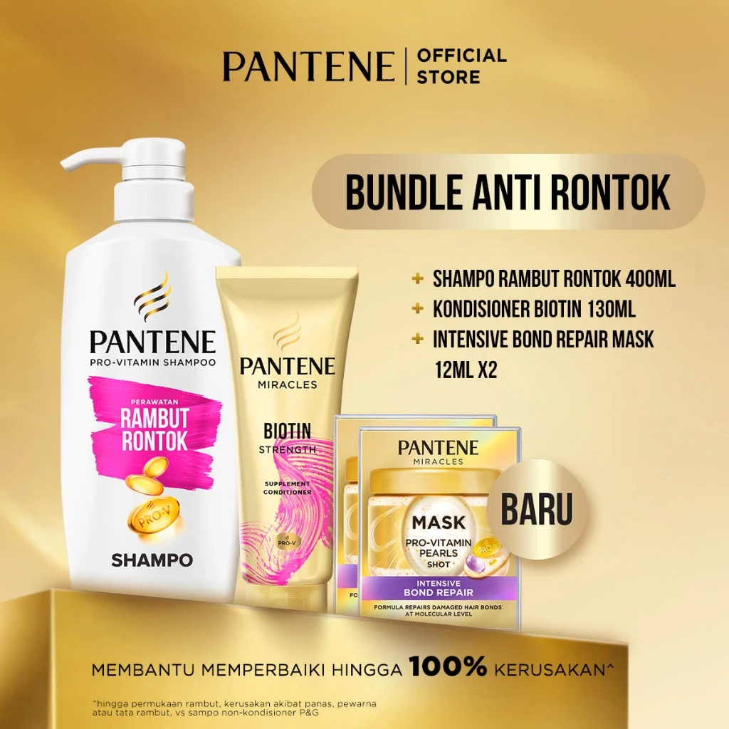 [BUNDLE MASK] PANTENE Shampo Rambut Rontok 400ml + Kondisioner Biotin 130ml + Mini Mask Shot 12mlx2/ Perbaikan Intensif untuk Rambut Rusak dan Kering
