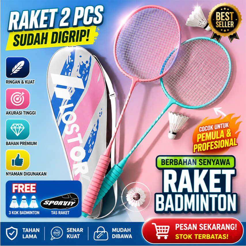 Paket Raket Bulutangkis Full Aluminium 2 Pcs + Tas Eksklusif dan 3 Kok Opsional, Ringan dan Kuat untuk Dewasa Remaja, Tarikan Senar 22–24 lbs Siap Main Latihan atau Rekreasi