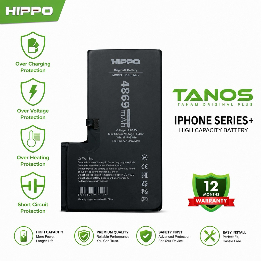 Hippo Baterai IPhone Tanos (tanam original plus) High Capacity Battery Original bergaransi Resmi