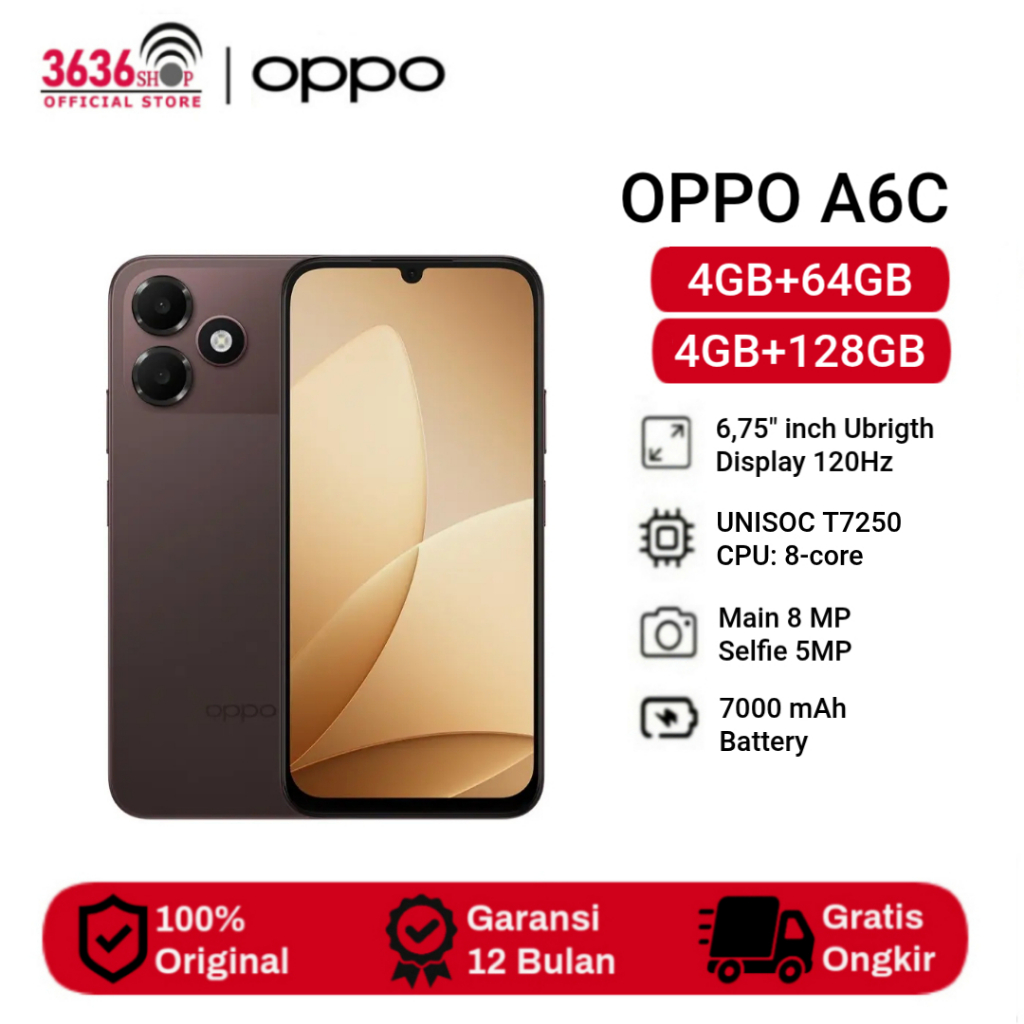 Oppo A6C [4GB+64GB] [4GB+128GB] - Display Ultra Bright 120Hz 6.75 inches - UNISOC T7250 - 7000mAh - Garansi Resmi 1 Tahun