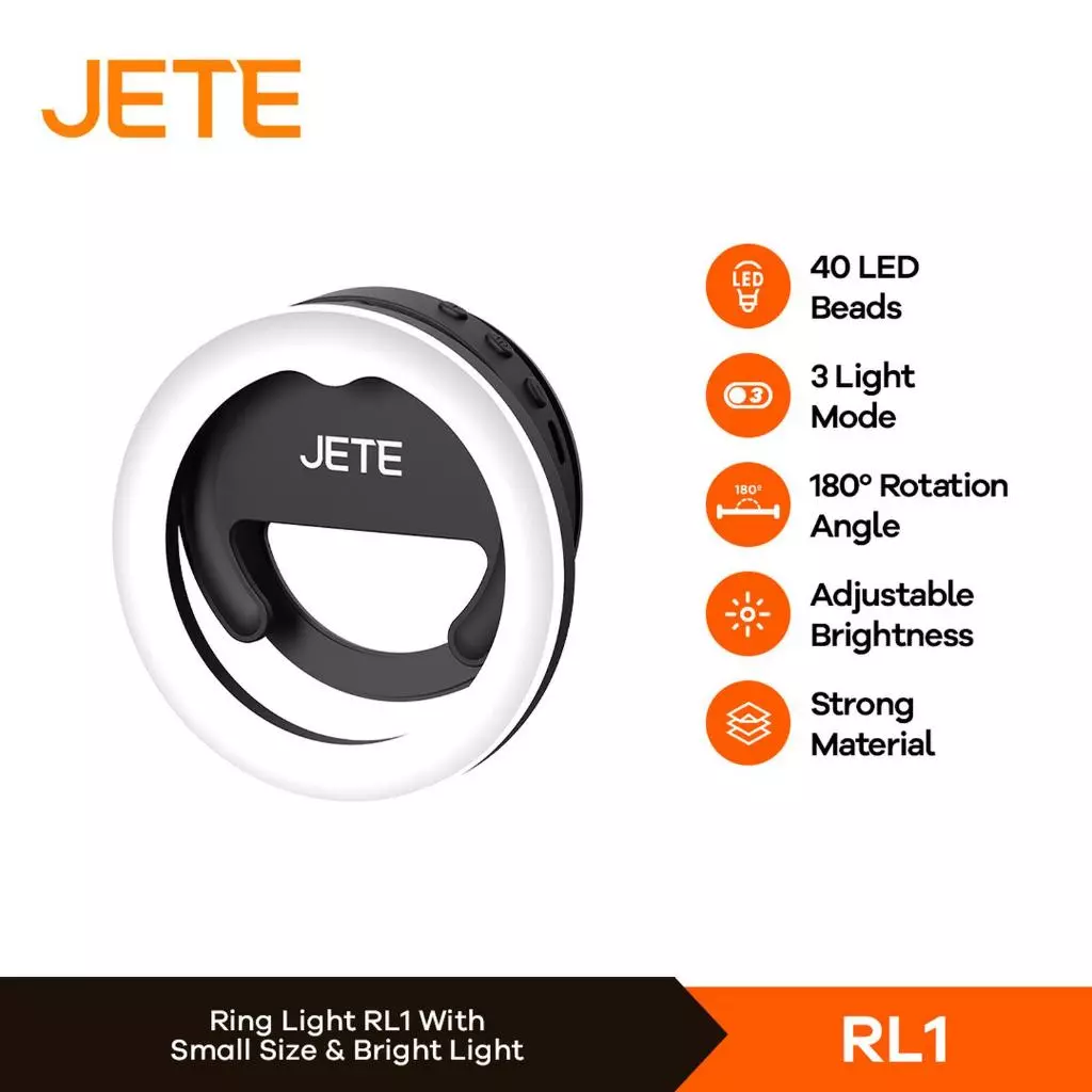 JETE RL1 Ring Light Selfie for Smartphone HP LED Rechargeable Clip On with 3 Light Mode Garansi 2th