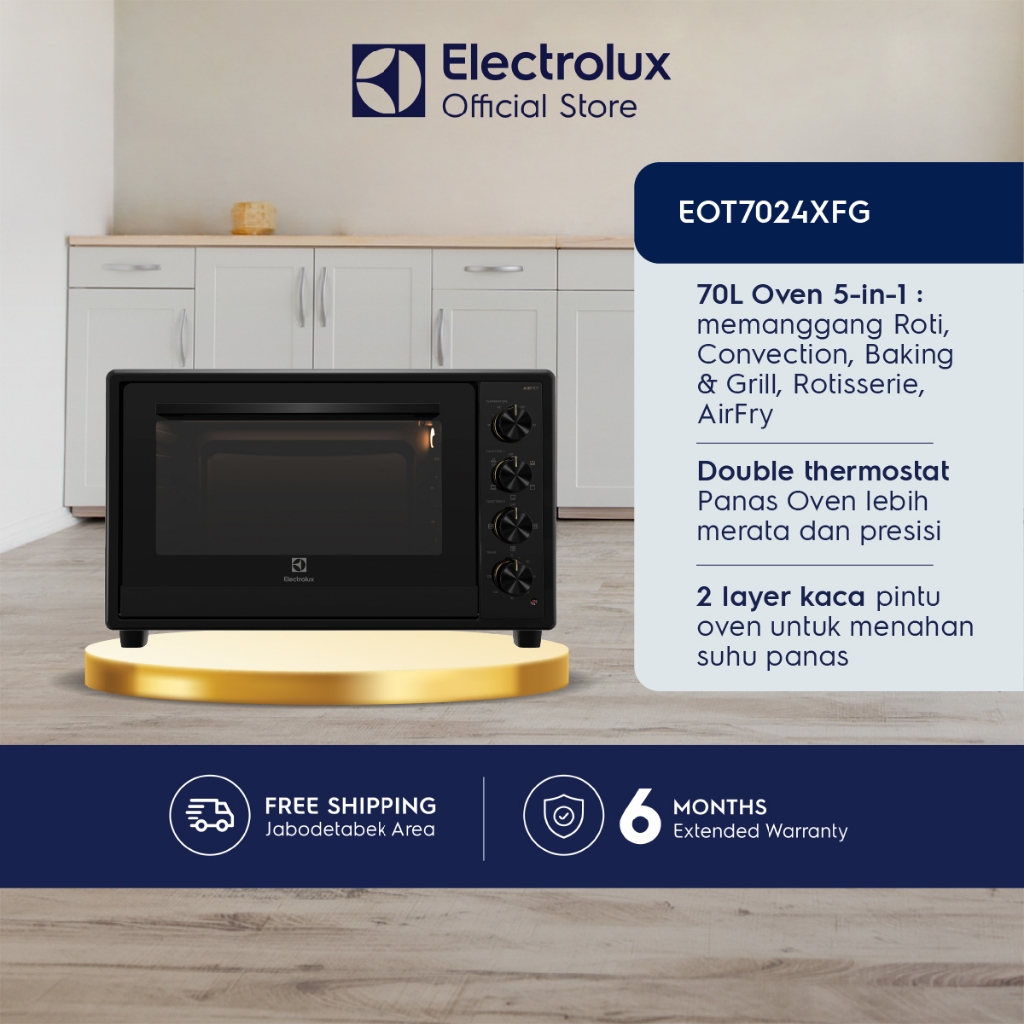 Electrolux FreeStanding Oven 70 L Oven 5-in-1: panggang Roti Convection Baking Grill Rotisserie AirFry Double thermostat Panas merata dan presisi 2 layer kaca pintu aman dari luar  Api Atas Bawah EOT7024XFG High Power Timer Presisi