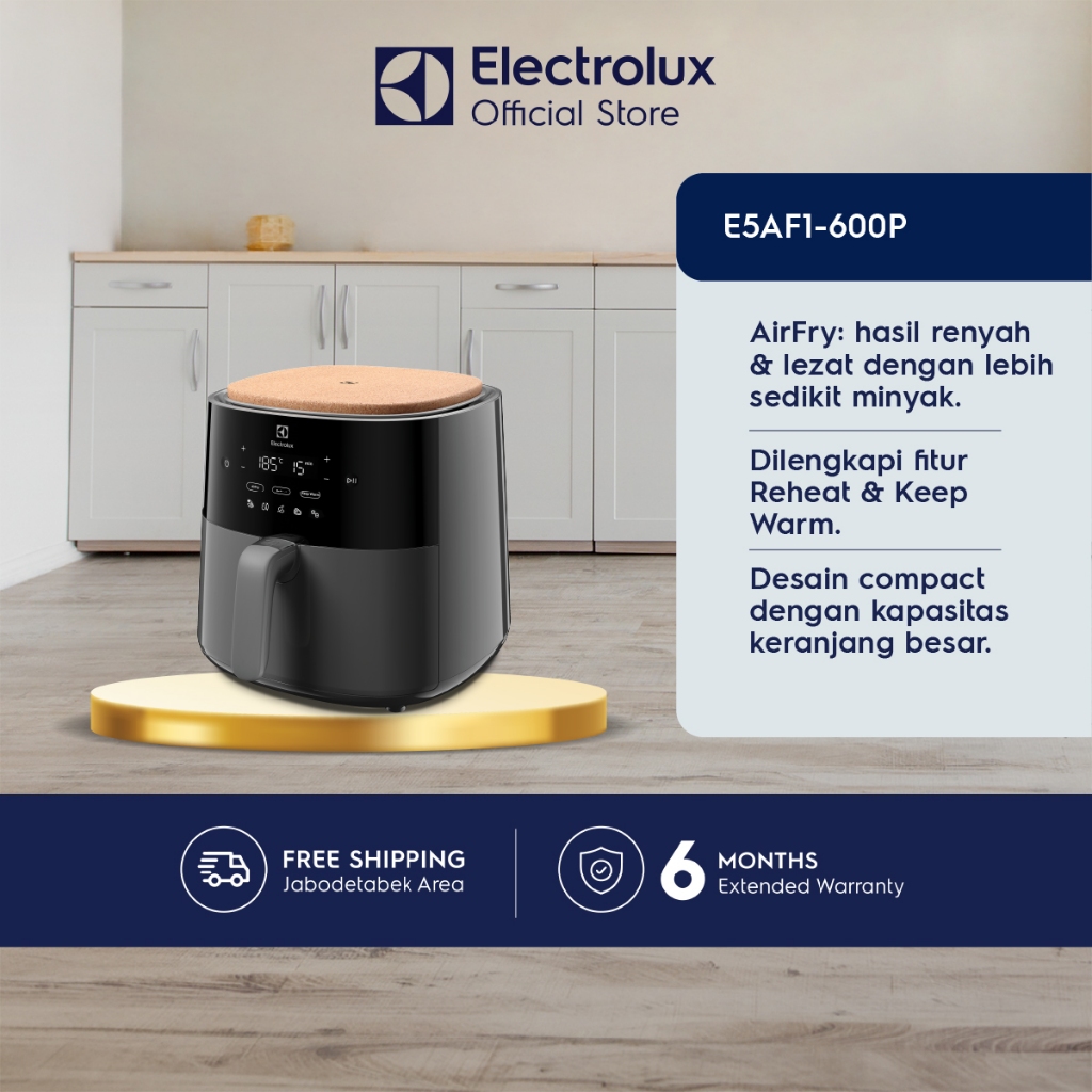 Electrolux Air Fryer 5 liter 8 menu masak Pengingat otomatis untuk membalik makanan Pengatur suhu Keranjang bagian dalam ringan dan dapat dilepas E5AF1-600P