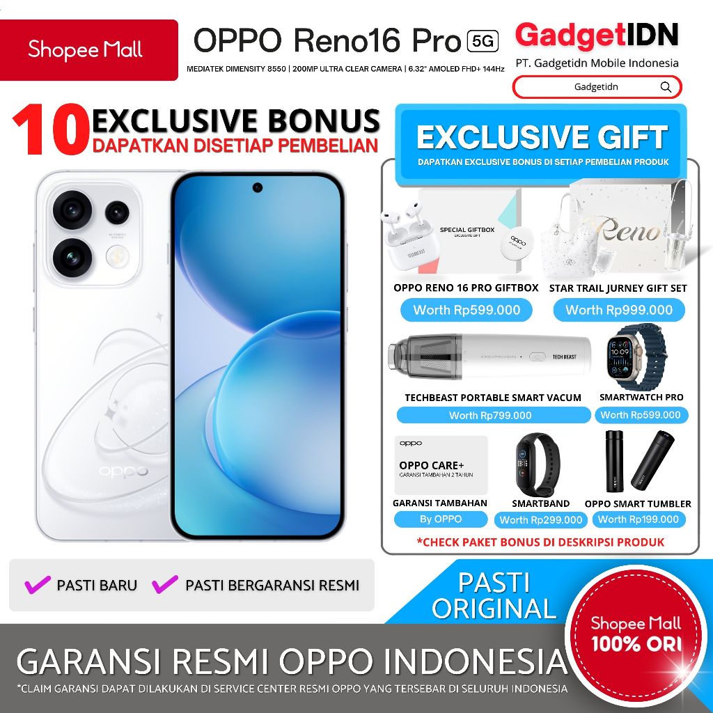OPPO RENO 16 Pro 5G 12/256GB ( +12GB Extended RAM ) Garansi Resmi OPPO