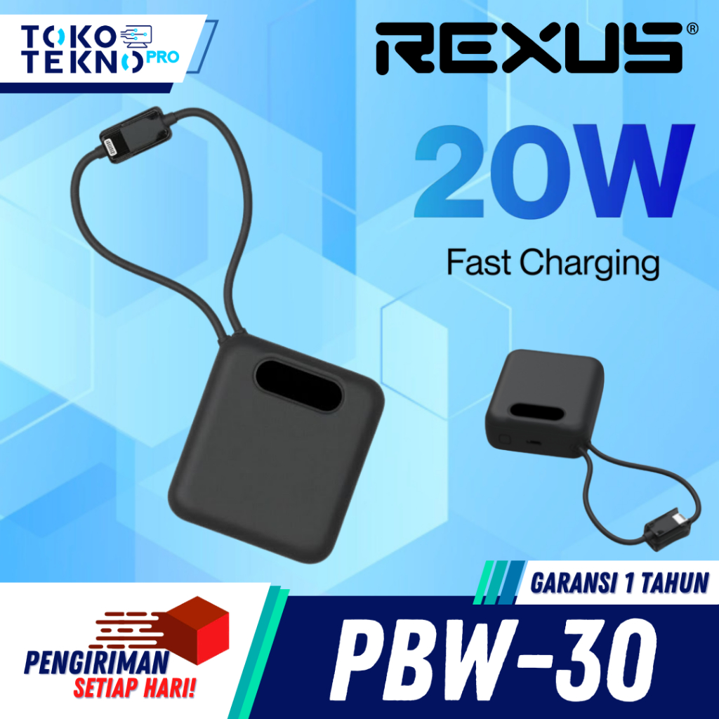 Rexus PBW30 / PBW-30 Travel Powerbank 10000mAh Built-in 20W Type C Cable Fast Charging
