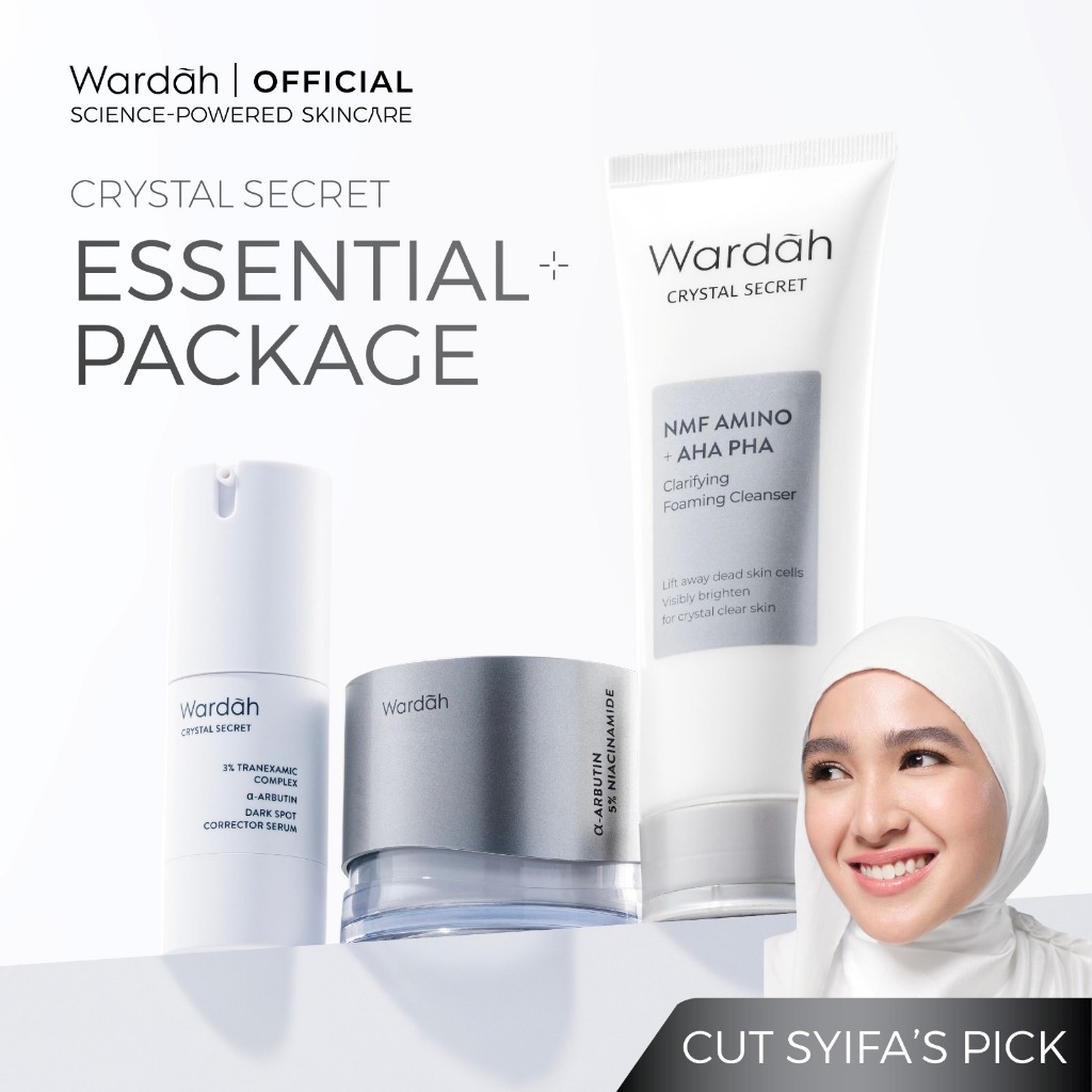 WARDAH Crystal Secret Essential Package (Cleanser 100 ml, Serum 20 ml, Day Cream 30 g) - Rangkaian Skincare Untuk Mencerahkan dan Melembabkan - Untuk Kulit Normal Cenderung Kering - Skincare