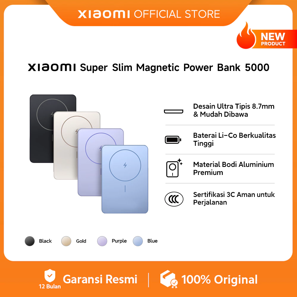 Xiaomi Super Slim Magnetic Power Bank 5000mAh / Desain Ultra Tipis 8.7mm & Mudah Dibawa / Baterai Li-Co Berkualitas Tinggi / Material Bodi Aluminium Premium / Sertifikasi 3C Aman untuk Perjalanan / Powerbank [Xiaomi Official Store]