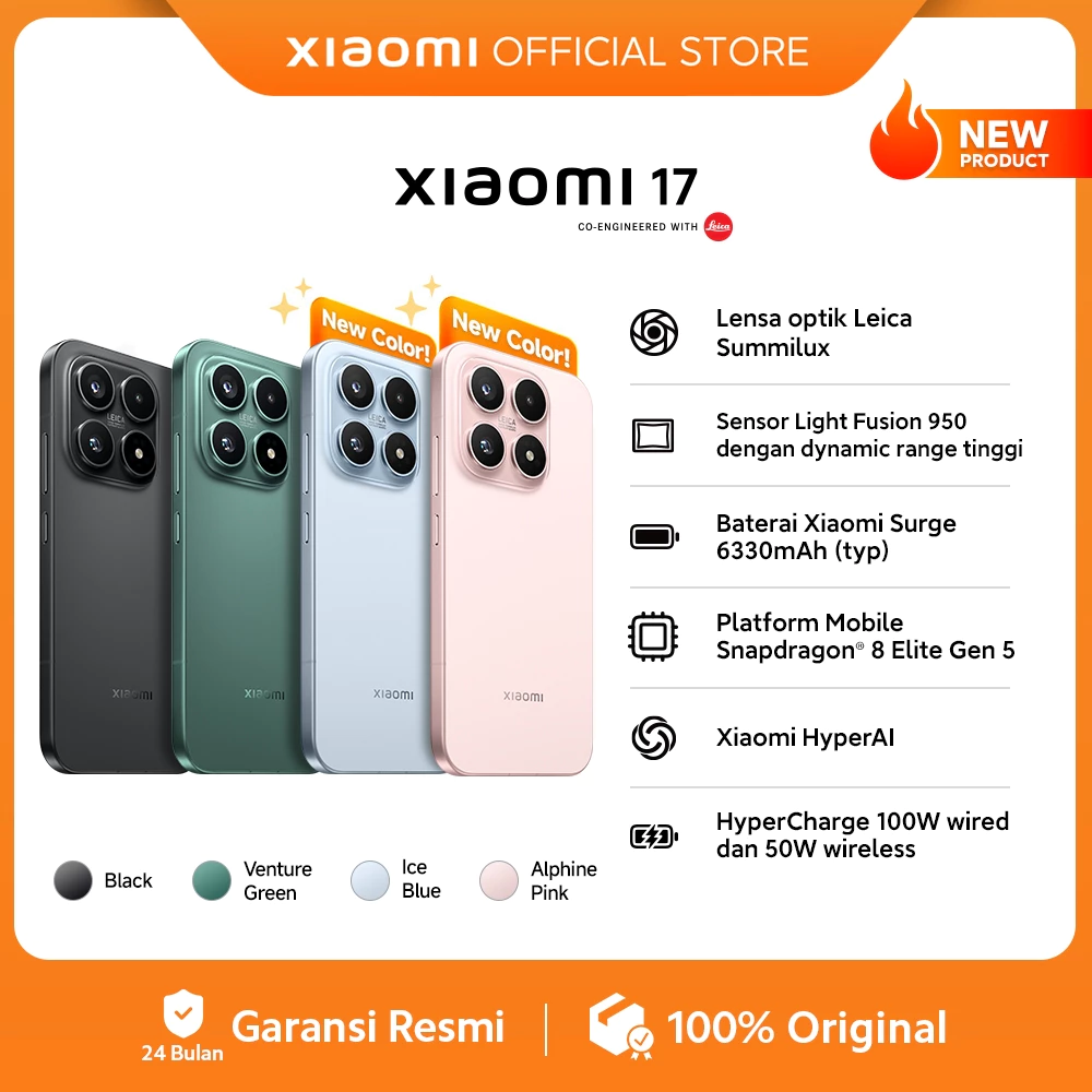Xiaomi 17 (12GB/256GB) (12GB/512GB) Lensa Optik Leica Summilux / Sensor Light Fusion 950 dengan Dynamic Range Tinggi / Baterai Xiaomi Surge 6330mAh (typ) / Platform Mobile Snapdragon® 8 Elite Gen 5 / Xiaomi HyperAI [Xiaomi Official Store]