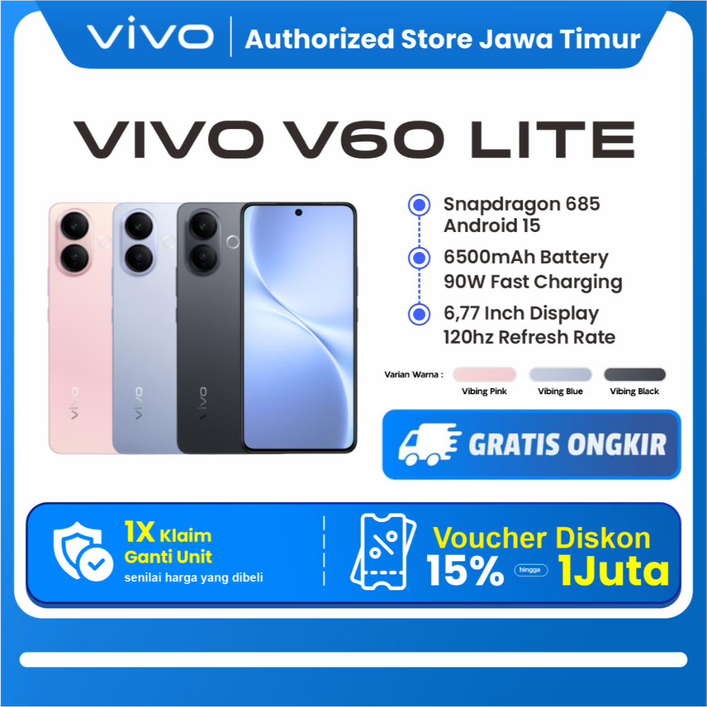 vivo V60 Lite 5G [BISA INSTAN AREA MALANG] 50MP Sony Camera, 6500 mAh + 90W FlashCharge, Bypass Charging, AI Four-Seasons, SGS 5-Star Drop Resistance