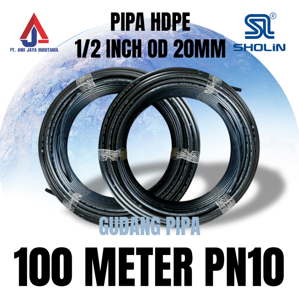 PIPA HDPE 100 METER 1/2 INCH PN10 MERK SHOLIN SHUANGLIN PER 100 METER PREMIUM ORIGINAL PAM PDAM PERAIRAN 100% BARU