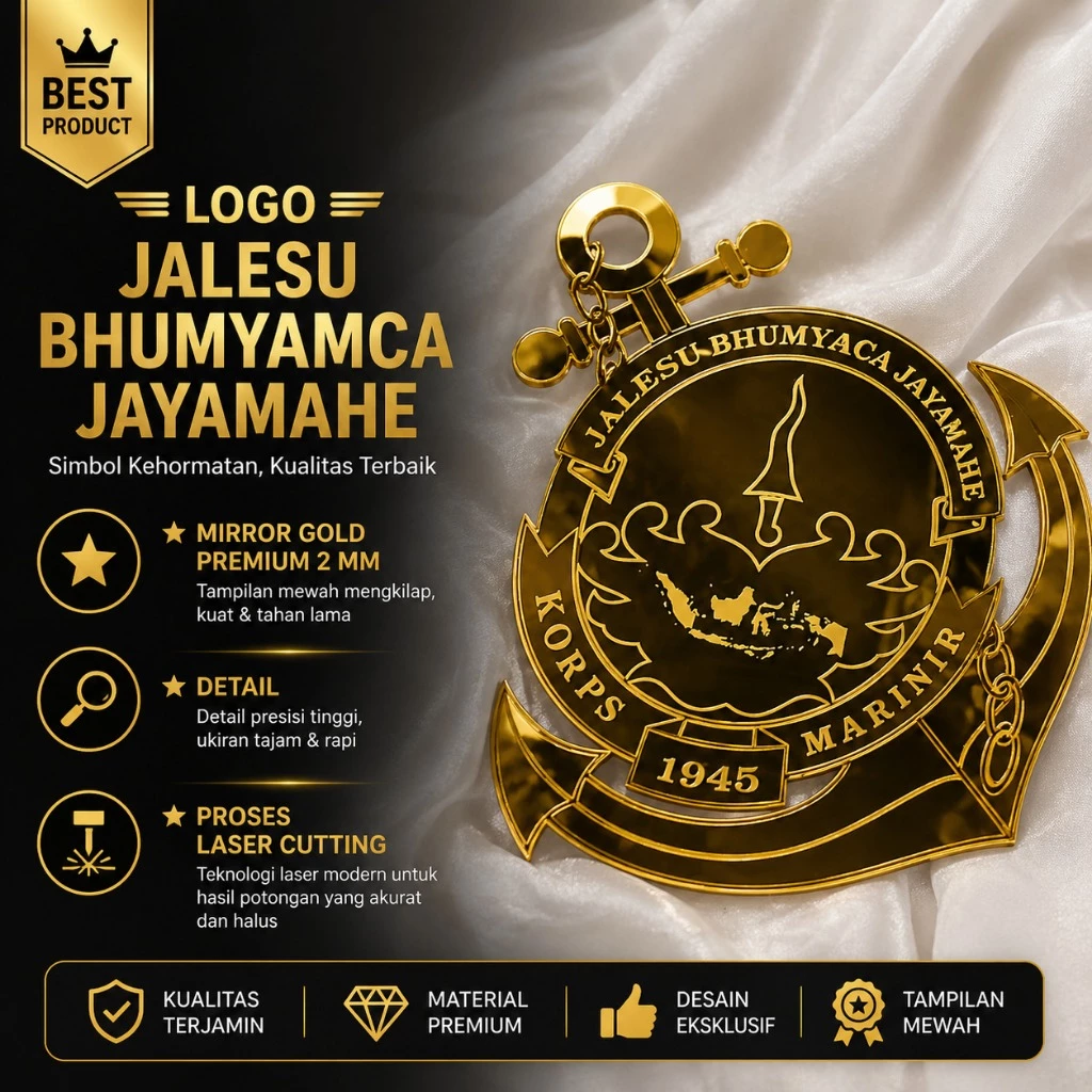 logo jalesu bhumyamca jayamahe akrilik mirror gold - bahan mahar