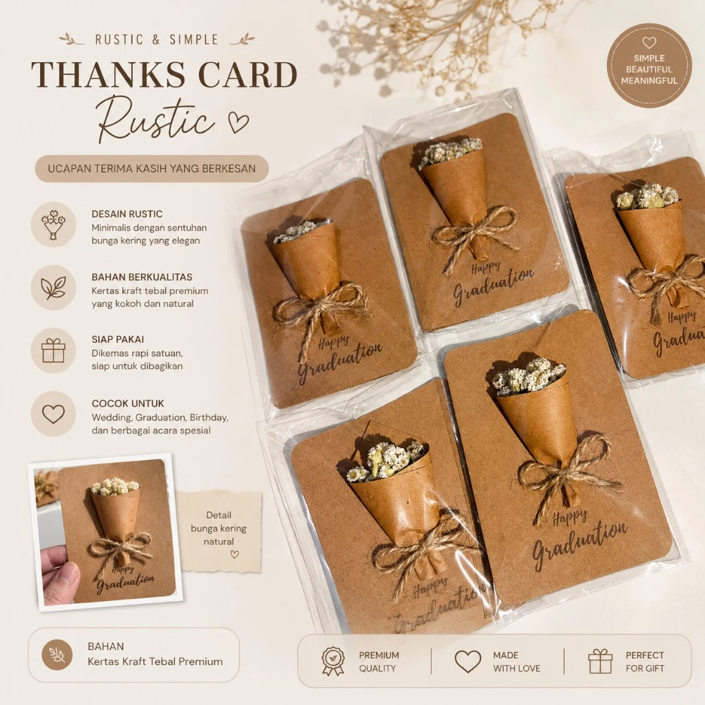 READY Thanks Card Rustic Custom Ucapan Dengan Buket Bunga Kering   - greeting cards (Bagian dalam kosongan)
