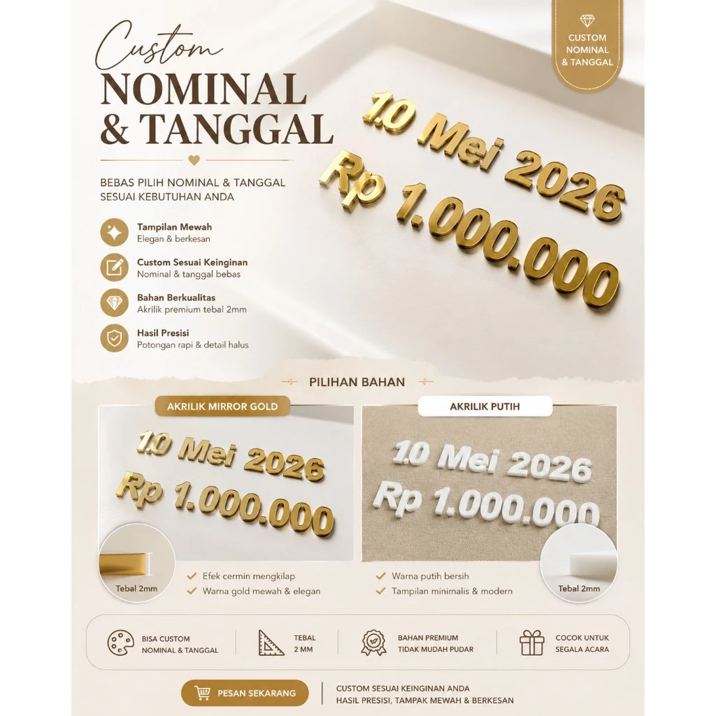 Custom nominal dan mahar akrilik mirror gold