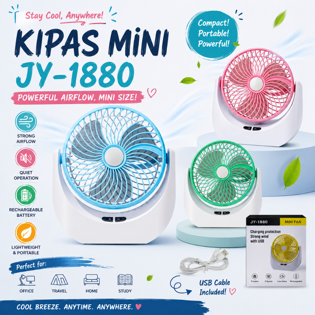 JY Super lithium rechargeable mini table fan with LED light - (JY-1880) Kipas Mini Meja Dingin Simple