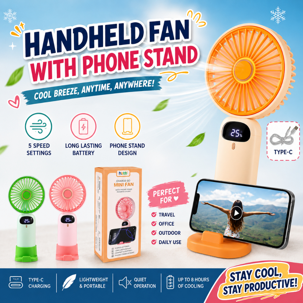 Kipas Angin Mini Stand Holder 5 Speed USB Type-C Kipas Mini Portable Handheld Fan Display LED