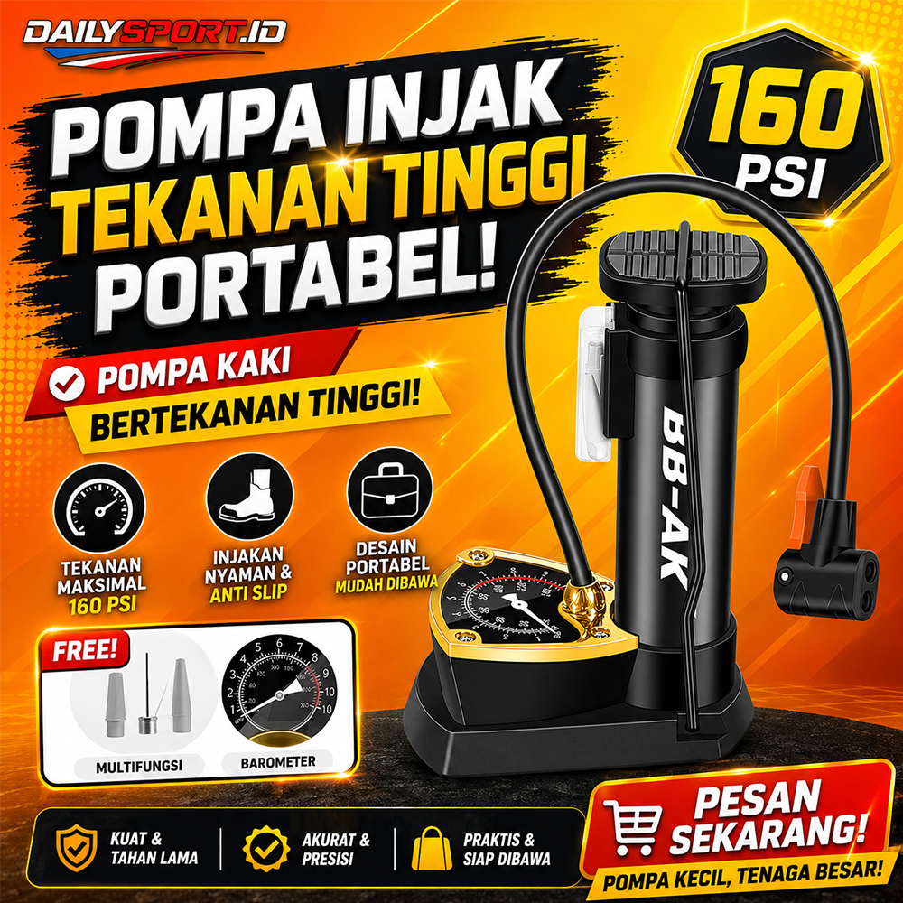 Mini Foot Pump 160 PSI Portable dengan Barometer Akurat – Pompa Angin Kaki Tekanan Tinggi untuk Mobil, Motor, Sepeda, Bola dan Balon Tanpa Listrik
