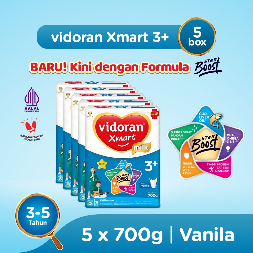 vidoran Xmart 3+ Vanilla 700gr Susu Formula Pertumbuhan Anak 3-5 Tahun - 5 box (Exp : 05.2027)