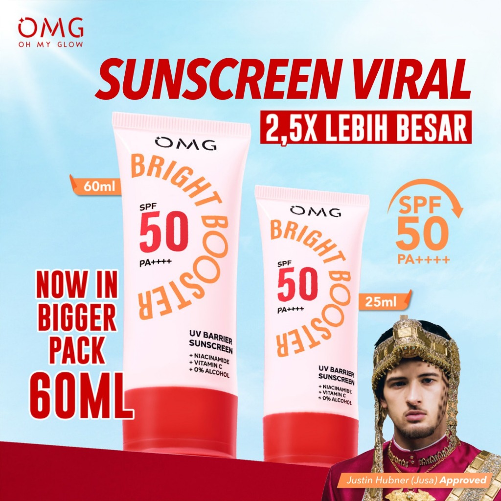 OMG Oh My Glow Bright Booster UV Barrier Sunscreen SPF 50 PA++++ 60ml / Merah Jingga Official - Gambar 2