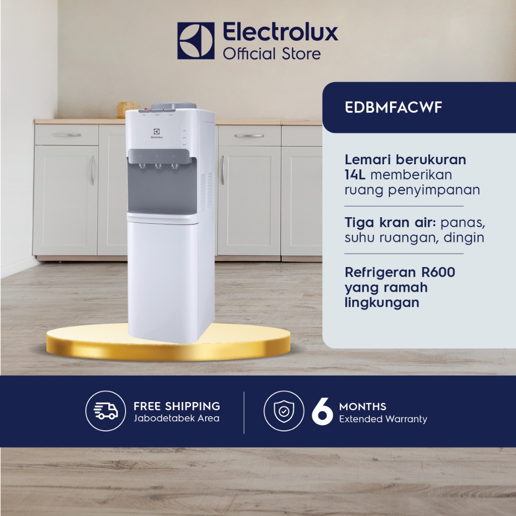 Electrolux Dispenser Air Galon Atas Putih - Child Lock - Kompresor R600 Ramah Lingkungan - Air Sedingin Kulkas - Lemari Kapasitas 14 Liter - EDBMFACWF