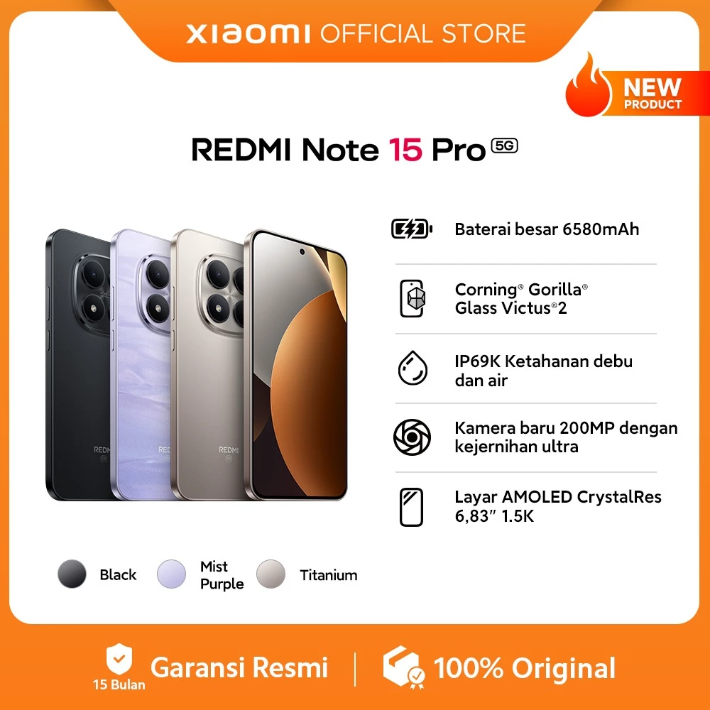 Xiaomi Redmi Note 15 Pro 5G (8/256GB) (12/512GB) / Baterai besar 6580mAh / Corning® Gorilla® Glass Victus® 2 / IP69K Ketahanan debu dan air / Kamera baru 200MP dengan kejernihan ultra / Layar AMOLED CrystalRes 6,83" 1.5K / NFC [Xiaomi Official Store]