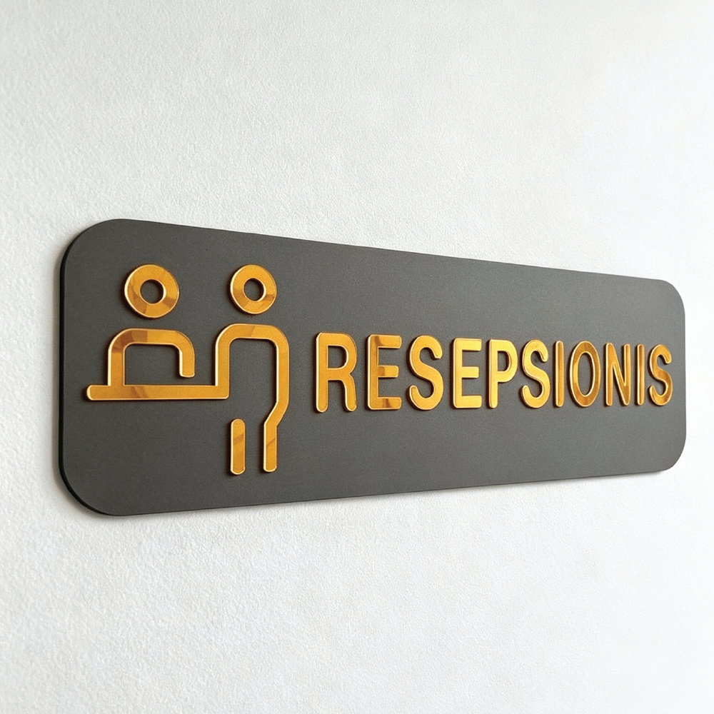 sign tanda Resepsionis akrilik timbul hitam gold mewah elegan bisa custom - Gambar 3
