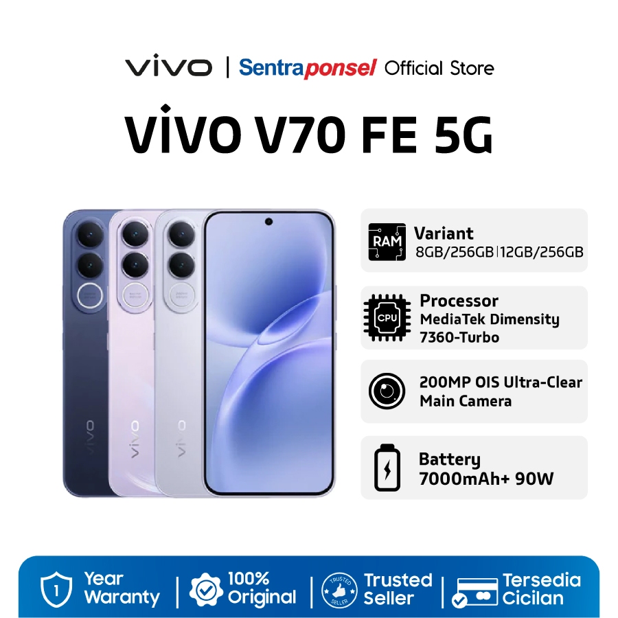VIVO V70 FE 5G 8GB/256GB 12GB/256GB Dimensity 7360 Turbo 70000mAh 90W FlashCharge IP69 / - Garansi Resmi