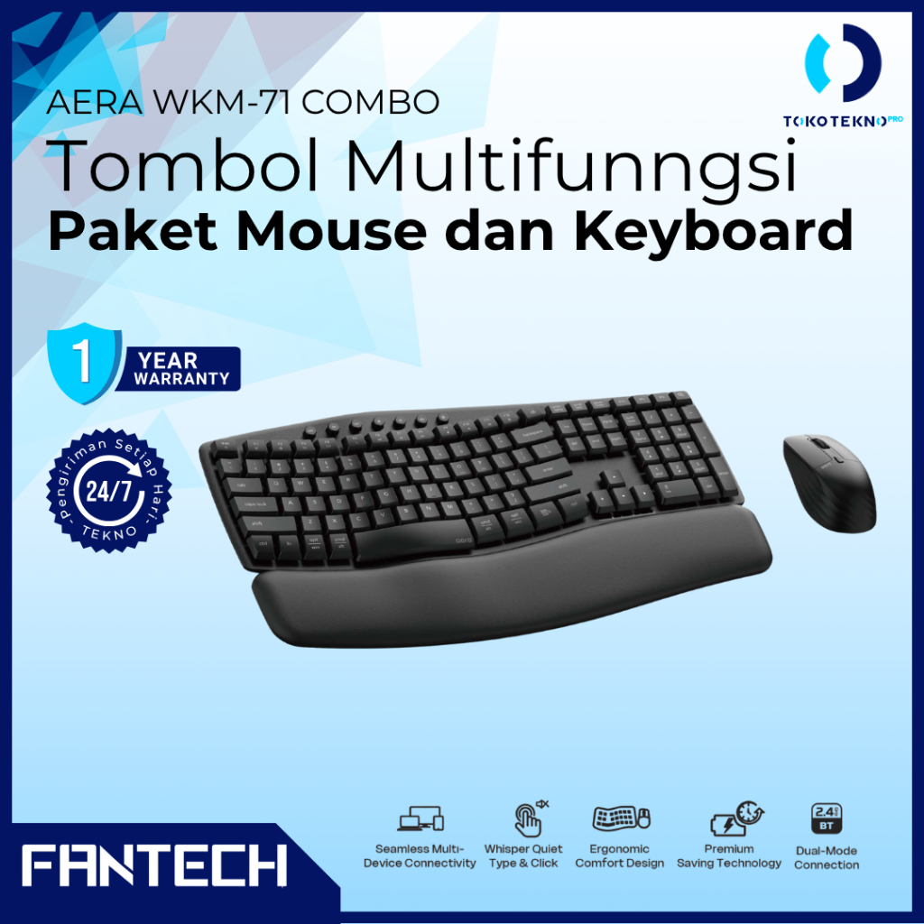 Fantech Aera Arch WKM71 / WKM-71 Wireless Ergonomic Multimedia Keyboard & Mouse Combo