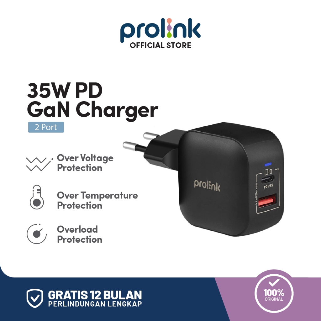 Prolink 35 Watt / 2 Port / GaN PD Kepala Charger / Wall Travel
