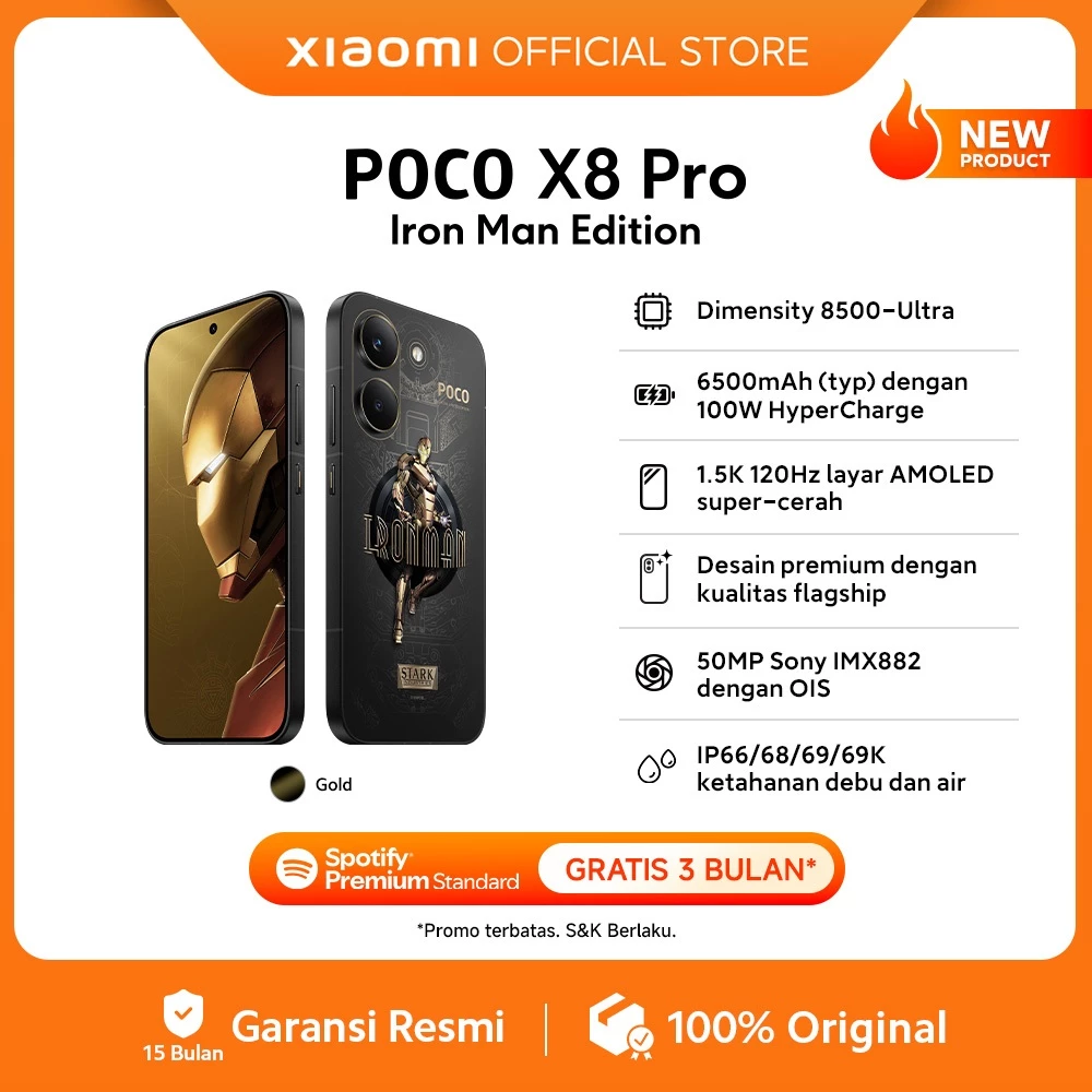 POCO X8 Pro Iron Man Edition (12GB+512GB) / Dimensity 8500-Ultra / 6500mAh (typ) dengan 100W HyperCharge / 1.5K 120Hz layar AMOLED super cerah / Desain premium dengan kualitas flagship / 50MP Sony IMX882 dengan OIS / IP 66/68/69/69K [Xiaomi Official Store - Gambar 2