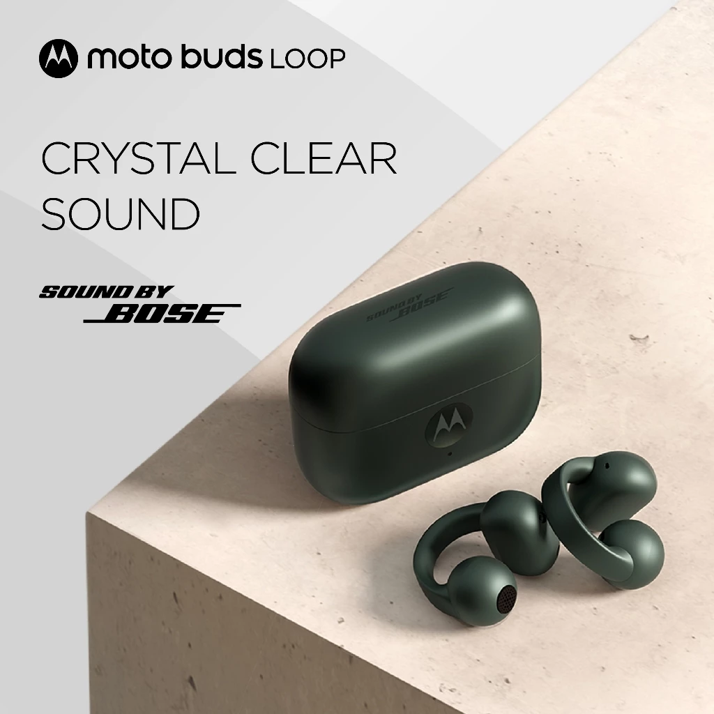 Moto Buds Loop Sound by BOSE - Big Driver 12mm x2 - Dual-Mic x2 + Crystal Talk AI tech - Bluetooth 5.4 - 45 hours Total Battery - Water Repellent - Spatial Audio - Moto AI - EVO - Smart Connect