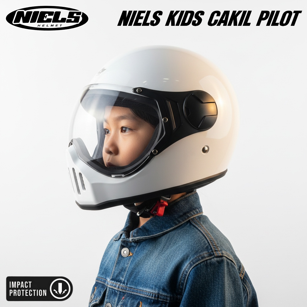 NIELS Cakil Anak Helm Full Face Retro Anak Kaca Pilot SNI - Gambar 2